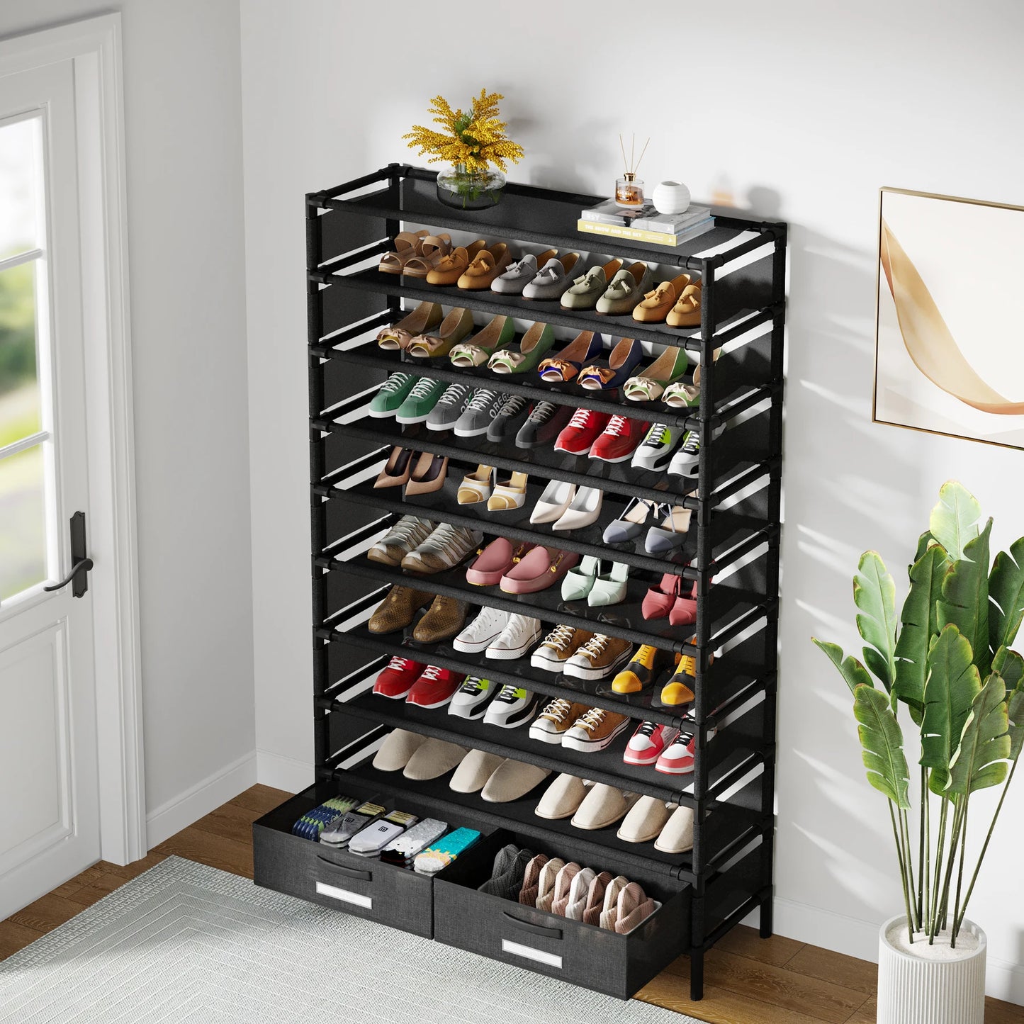 Tribesigns 10-Tier Shoe Rack Organizer – Vertical Shoe Shelf with 4 Drawer Bins, Holds 32 Pairs for Closet & Entryway