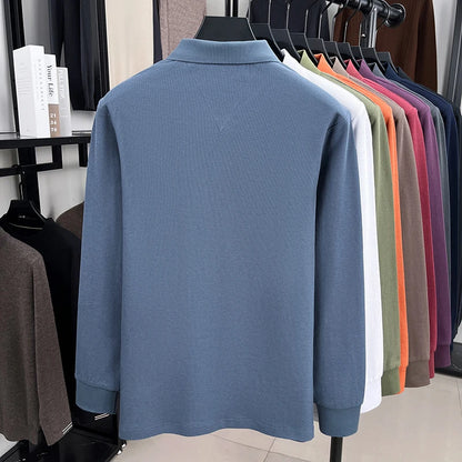 Men's 100% Cotton Long Sleeve Polo Shirt - Embroidered Business Casual Fashion Polo