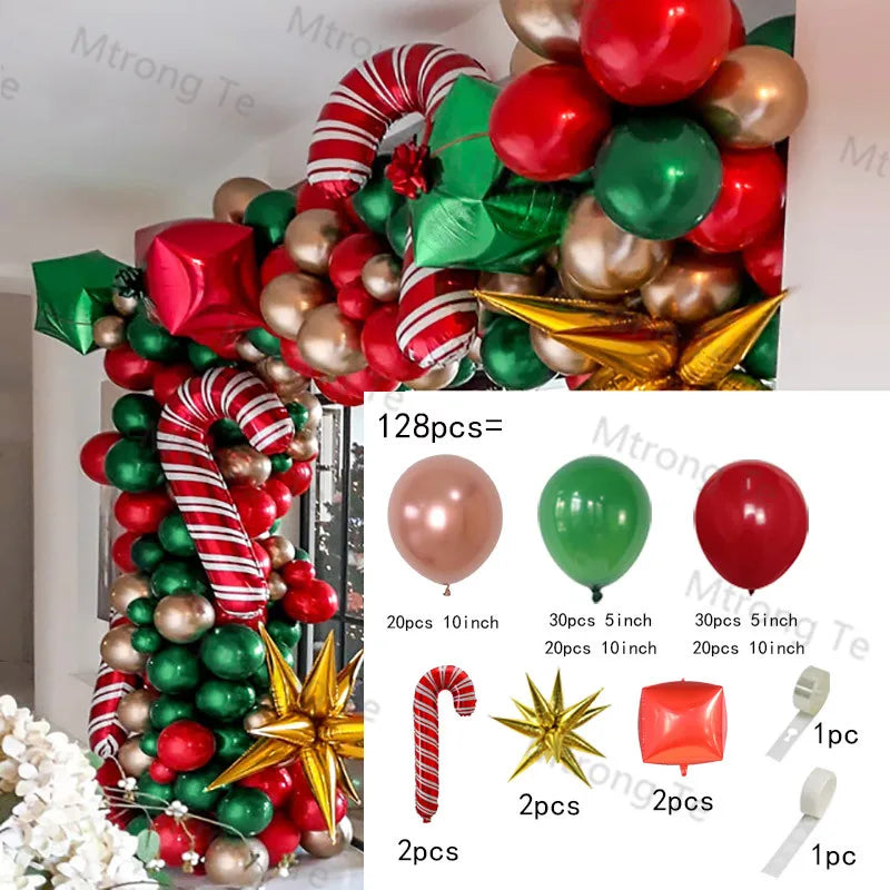 Christmas Balloon Garland Arch – Red & Green Balloons, Star, Santa, and Gift Box Foil Balloons for Xmas and New Year Decoration