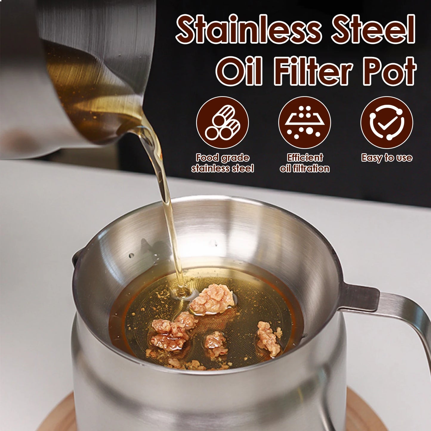 2L/1.5L Stainless Steel Oil Filter Fry Basket – Fine Mesh Strainer Pot for Oil Storage and Kitchen Grease