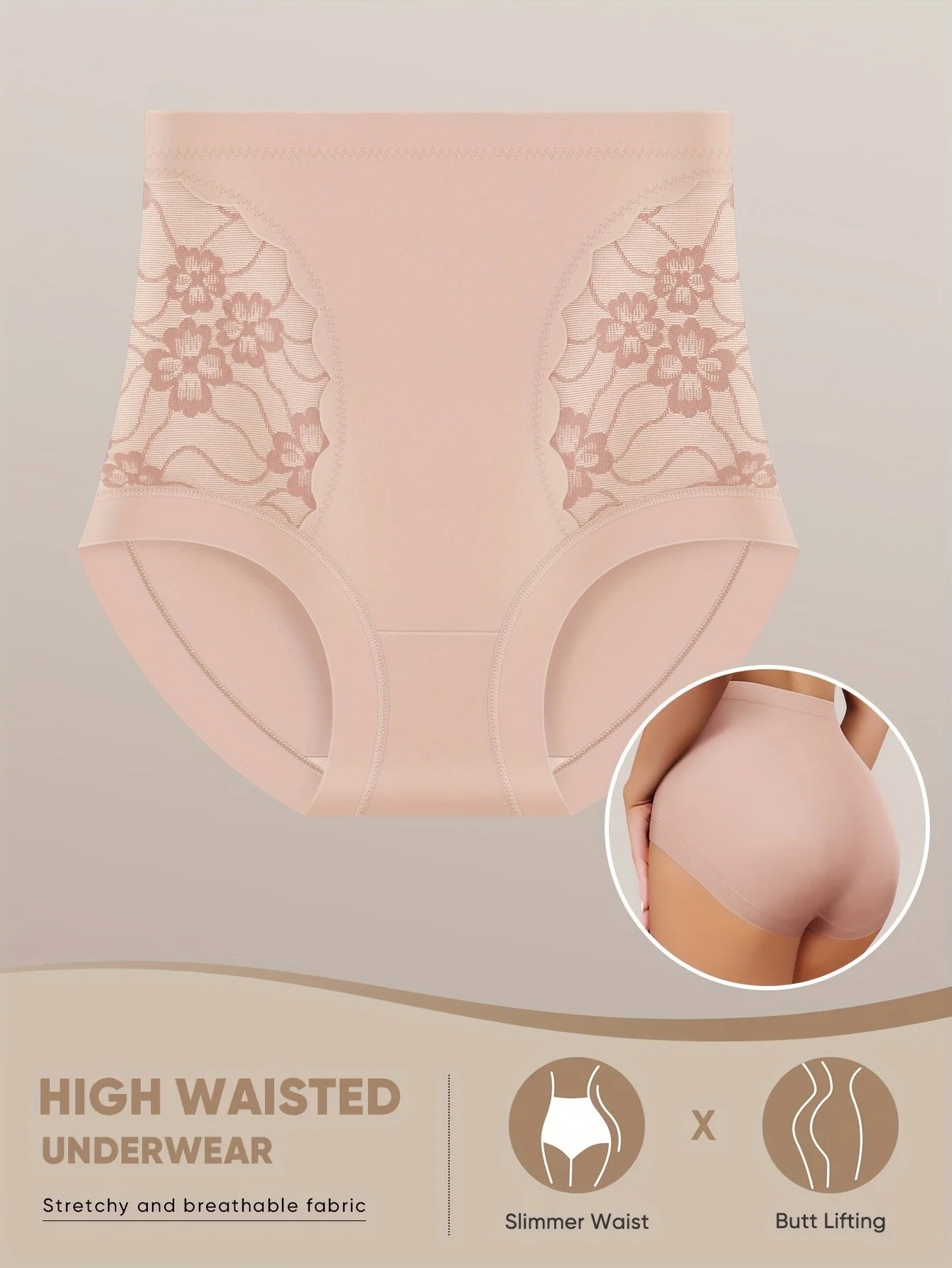Women’s High-Waist Shaping Panties - Floral Lace Tummy Control Breathable Sheer Briefs for Everyday Comfort