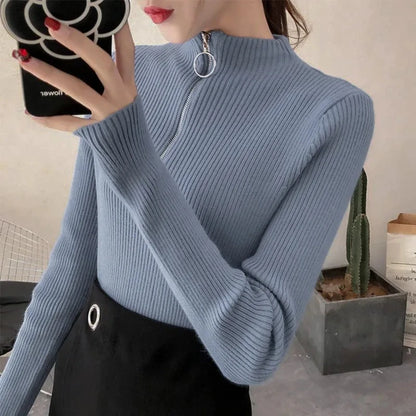 Women's Knitted Zipper Half High Neck Sweater - Slim Fit Solid Pullovers for Autumn/Winter, Basic Knitwear Tops