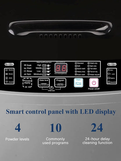 KRIB BLING Portable Full Automatic Washing Machine – 17.7 lbs with LED Display, 10 Programs, 8 Water Levels & Drain Pump