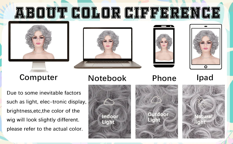 Synthetic Old Lady Wig Costume Set – Short Curly Silver White Grandma Wig & Glasses for Women, Granny Cosplay, Halloween Party