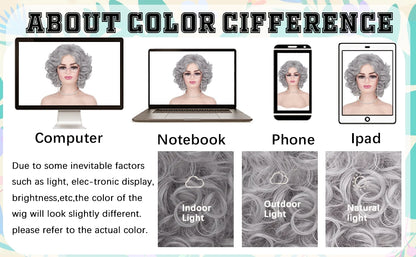 Synthetic Old Lady Wig Costume Set – Short Curly Silver White Grandma Wig & Glasses for Women, Granny Cosplay, Halloween Party