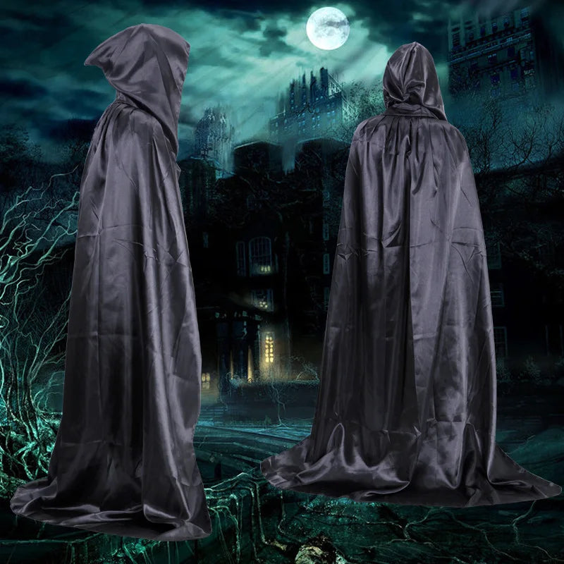 Unisex Halloween Hooded Black Cloak Witch Robe Long Cape Cosplay Costume Party Prop