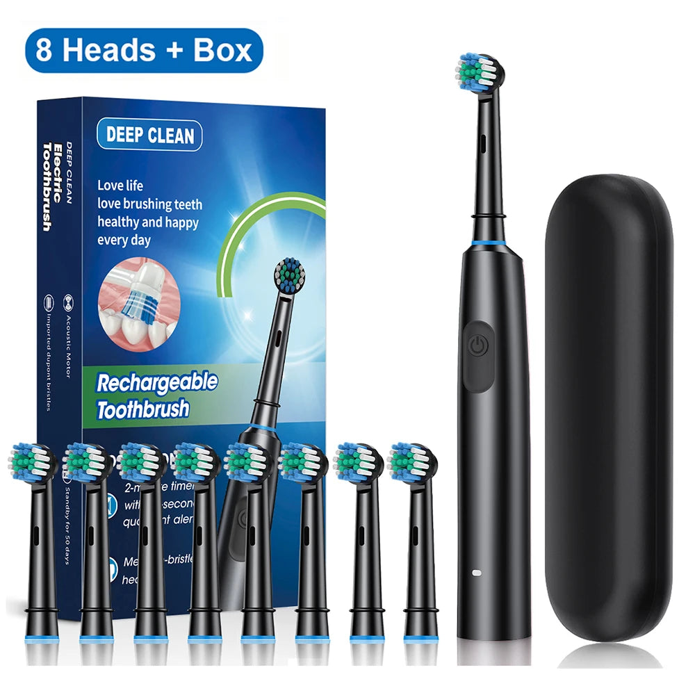 Rechargeable Rotary Electric Toothbrush for Adults – Powerful Rotating Toothbrush with 8 Soft Brush Heads