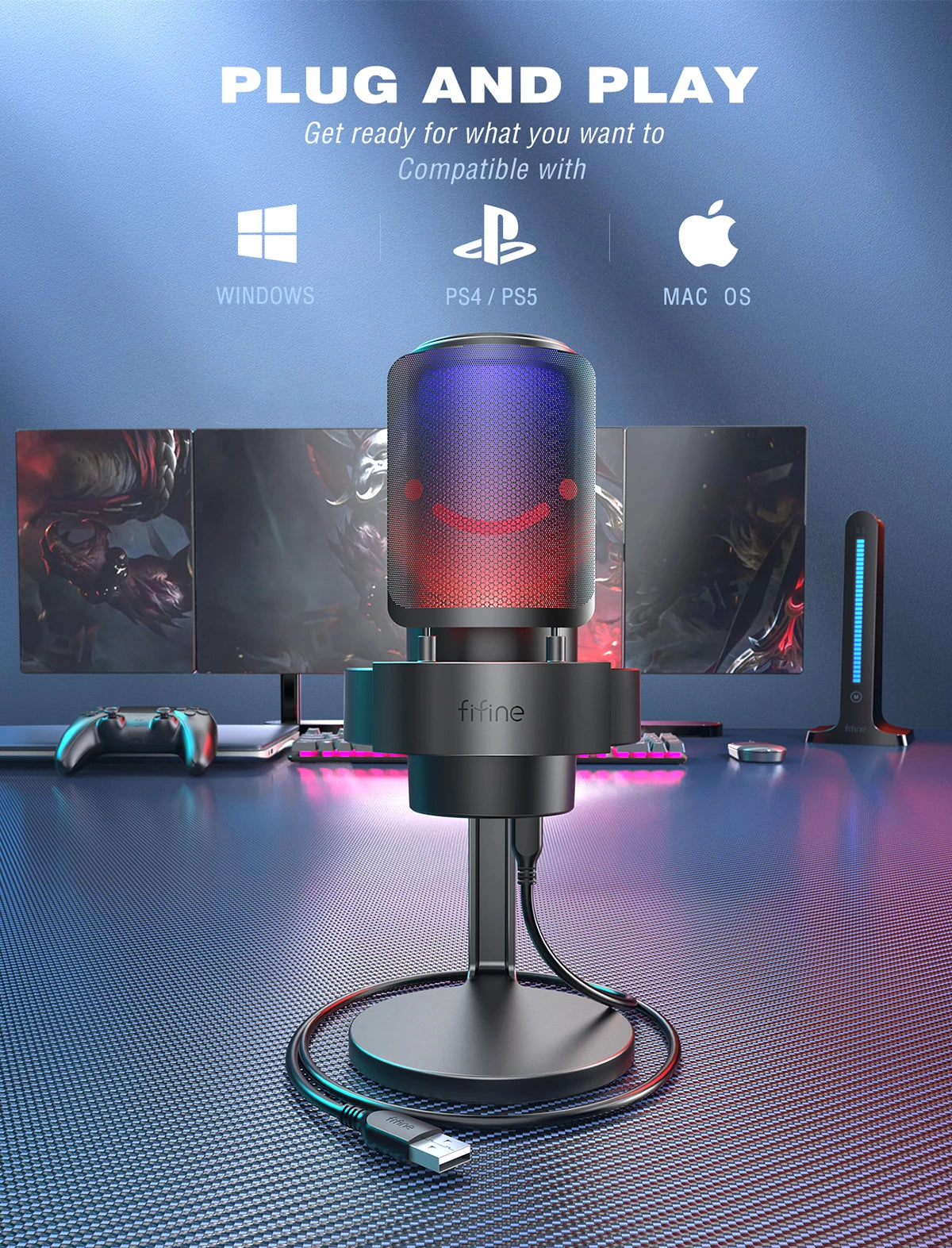 FIFINE A8 USB Microphone with RGB, Touch Mute & Headphone Output for Recording & Streaming on PC Mac