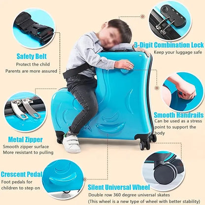 Kids Scooter Ride-On Suitcase – 360° Wheel Luggage with Pedal, Handrail, Removable Seat Belt, 20/24 Inch Cabin Bag
