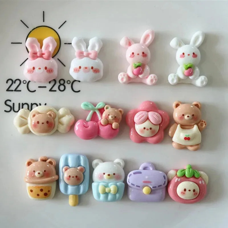 10-Piece Cute Cherry, Rabbit, and Bear Resin Embellishments - Kawaii Flatback Charms for DIY Scrapbooking, Crafts, and Home Decor