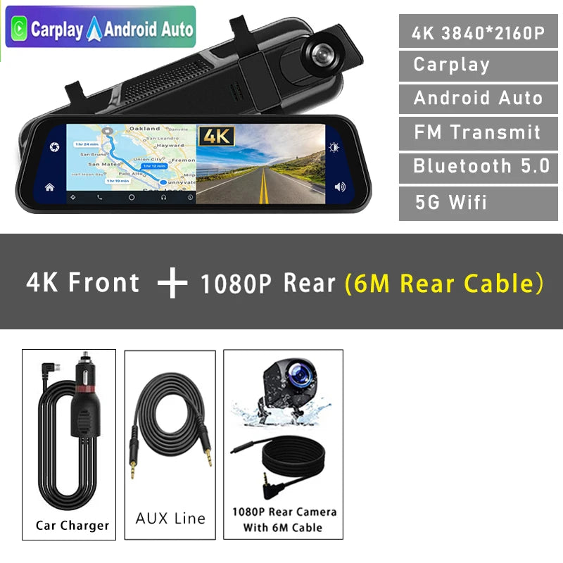 4K 2160P Dash Cam – Car DVR with CarPlay, Android Auto, Rearview Mirror Streaming, GPS, 5G WiFi, FM Radio, AUX