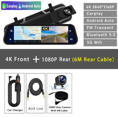 4K 2160P Dash Cam – Car DVR with CarPlay, Android Auto, Rearview Mirror Streaming, GPS, 5G WiFi, FM Radio, AUX