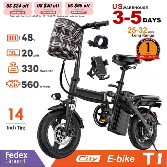 Folding Electric Bike - 560W Motor 48V Removable Battery 20 MPH Speed with 32 Miles Range