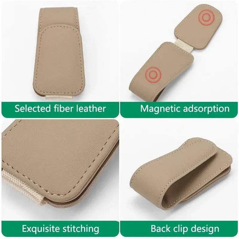Universal Car Sun Visor Glasses Holder Clip – Magnetic Leather Eyeglass Hanger Storage Organizer Auto Accessories