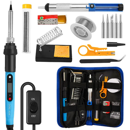 80W LCD Digital Soldering Iron Kit — Adjustable Temperature Electronics Repair Tool with Switch & Solder Tips