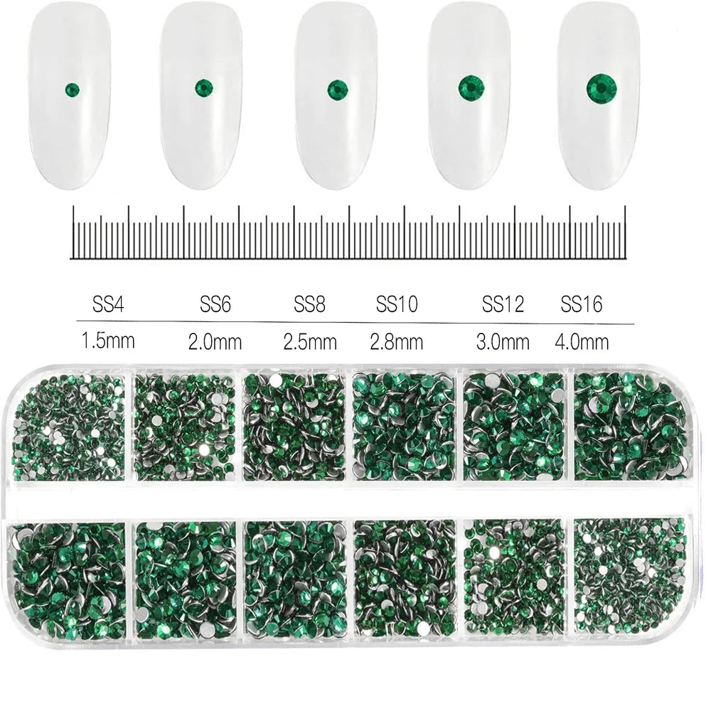 12-Grid Mixed Nail Rhinestones SS6-SS30 – Shiny Flat-Back Gems in Clear, Gold, Pink & Blue for Nail Art Decoration