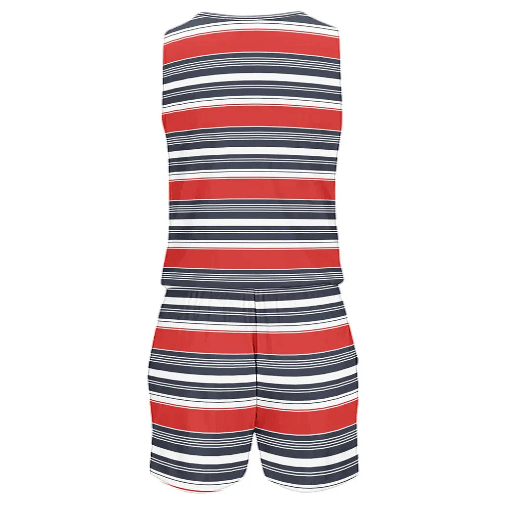Women’s Summer Stripe Color-Block One-Piece Shorts – Sleeveless V-Neck Zipper Romper Jumpsuit
