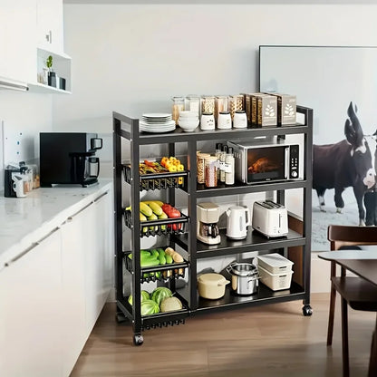 Heavy-Duty 4-Tier Metal Mesh Basket Rack — Rolling Storage Organizer with Locking Wheels for Kitchen & Restaurant Vegetables
