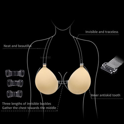 Invisible Adhesive Silicone Bra - Reusable Strapless Push-Up Bra with Transparent Straps for Backless Dresses