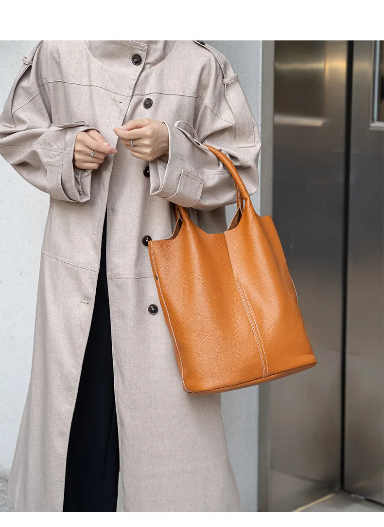 Genuine Leather Women’s Commuter Tote Bag — Soft Cowhide Shoulder Handbag, Large Capacity Bucket Bag, 2025 New