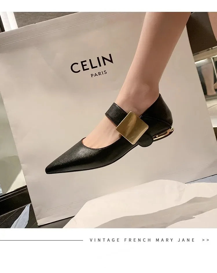 2023 Spring Women’s Suede High Thick Heel Pumps – Black & Apricot Square Toe with Metal Decoration, Elegant Lady Shoes