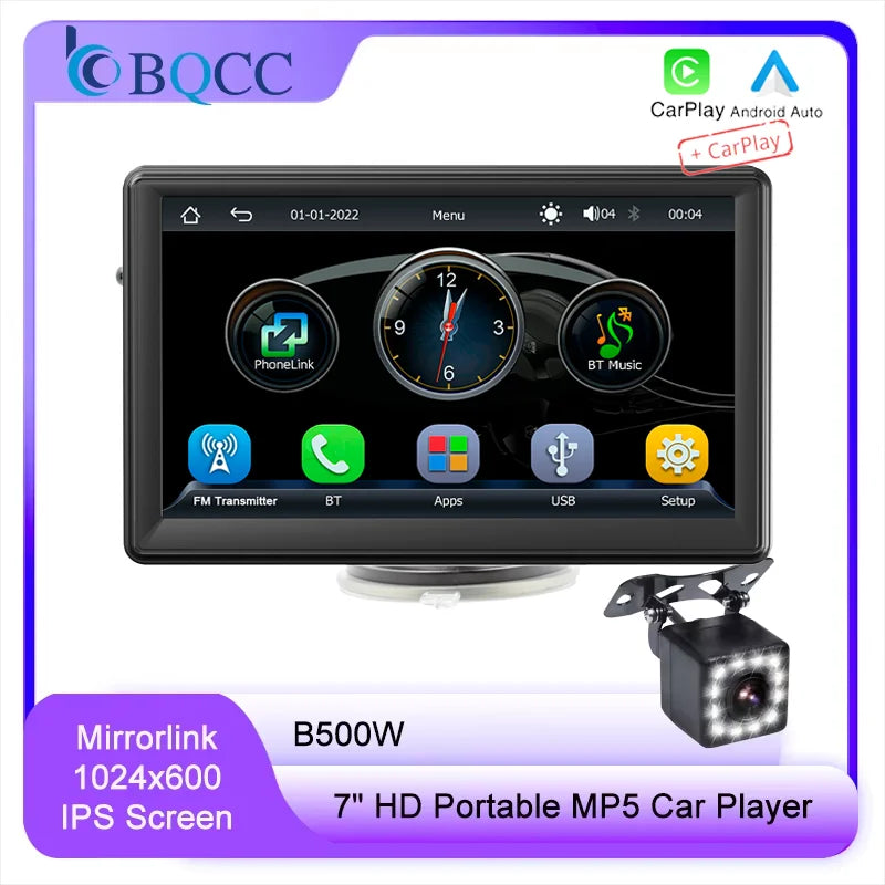 BQCC 7" HD IPS Car MP5 Player — Portable Stereo with Wireless CarPlay, Android Auto, BT, FM, USB & WiFi