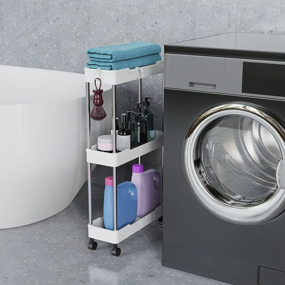 Bathroom Storage Rack with Wheels - 3/4 Layer Rolling Utility Cart & Multi-Purpose Corner Shelf Organizer