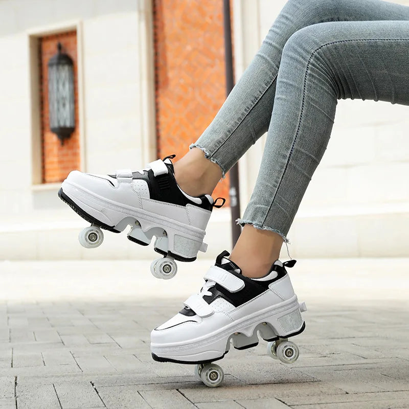 Dual Purpose Roller Skates Shoes - Adjustable Double Row 4-Wheel Deformation Roller Sneakers for Kids & Teens Size 33-44