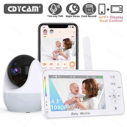 WiFi 1080P Baby Monitor with 4.3" Display & App Control – Night Vision PTZ Camera, 2-Way Audio, Lullabies, Feeding Reminder & Night Light Nanny Cam