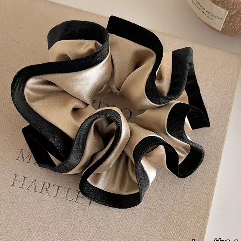 Velvet-Edged Satin Bloom Scrunchie - Elegant Hair Tie for Everyday Style