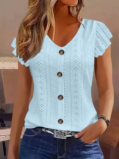 2025 Women’s Spring/Summer Fashion T-Shirt – Stylish Commute Casual V-Neck with Ruffle Sleeves, Solid & Multi-Color Options