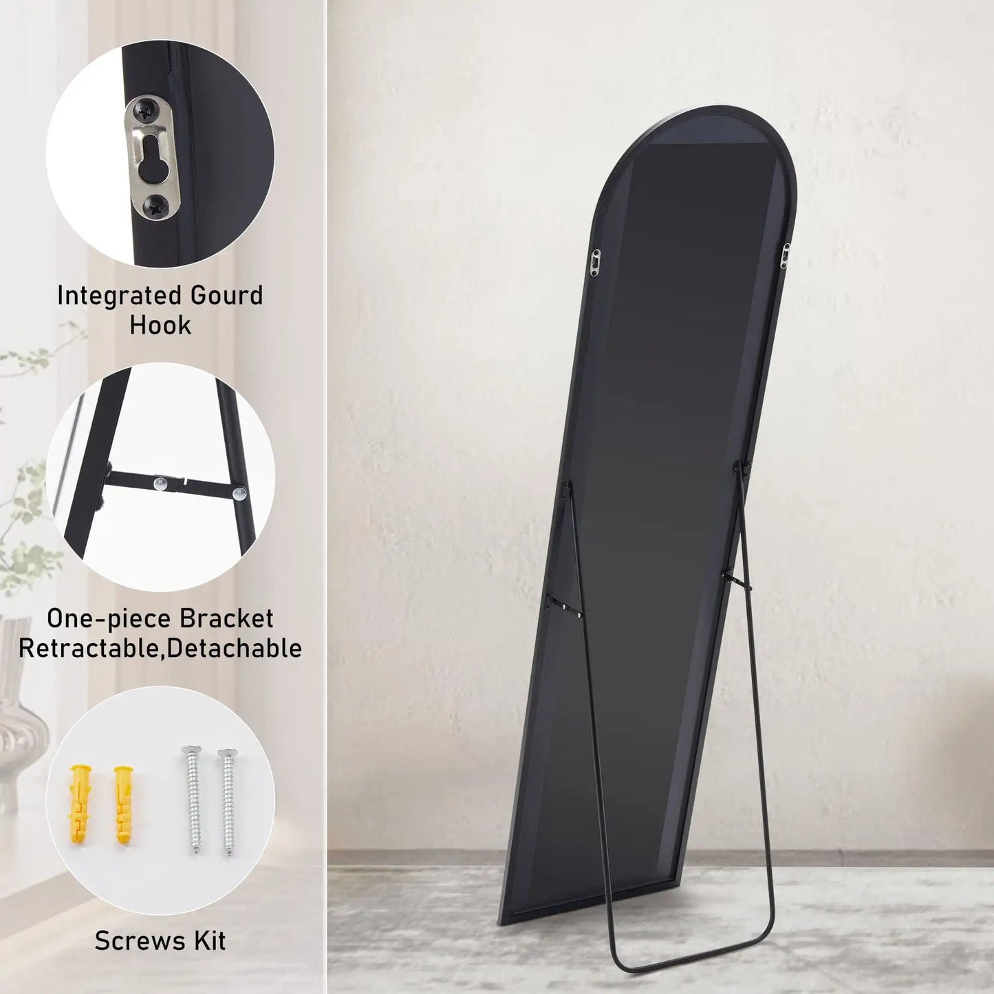 59-inch Arched Full-Length Floor Mirror — Standing Full Body Mirror with Gold Aluminum Alloy Frame & Bracket