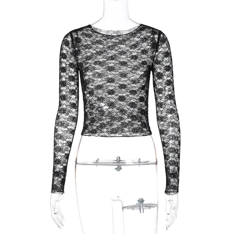 Dulzura Long Sleeve See-Through Lace Crop Top – Sexy Solid Bodycon T-Shirt for Women – Perfect for Party & Club – Autumn/Winter Fashion