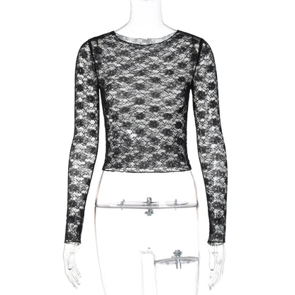 Dulzura Long Sleeve See-Through Lace Crop Top – Sexy Solid Bodycon T-Shirt for Women – Perfect for Party & Club – Autumn/Winter Fashion