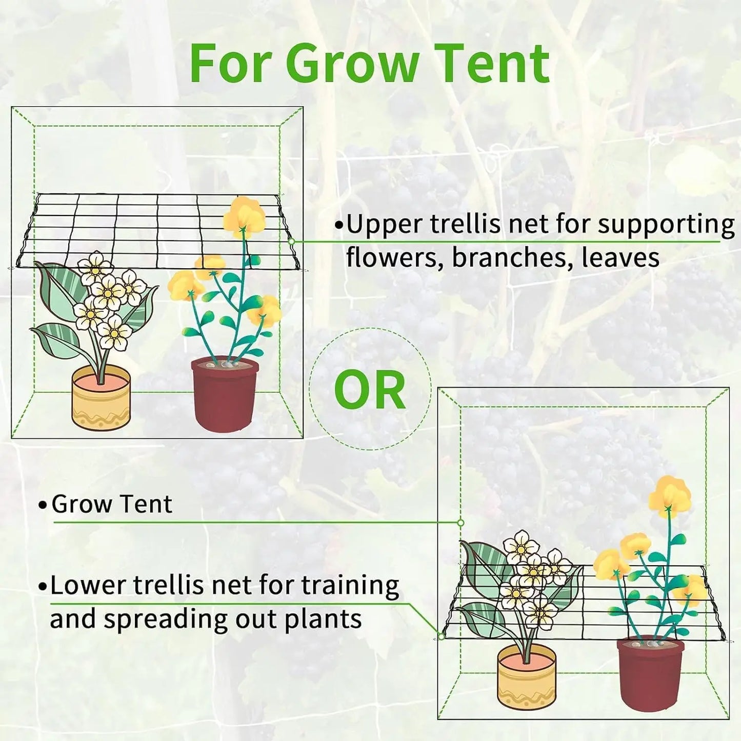 4'' Mesh Trellis Netting for Grow Tents – Elastic ScrOG/LST/HST Plant Support with Hooks, Grow Box Kit for Low Stress Training