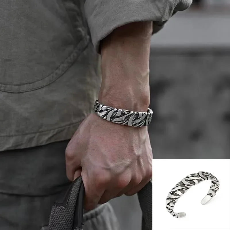 Retro Tibetan Six-Character Mantra Bracelet — Silver Plated Lotus Cuff for Men