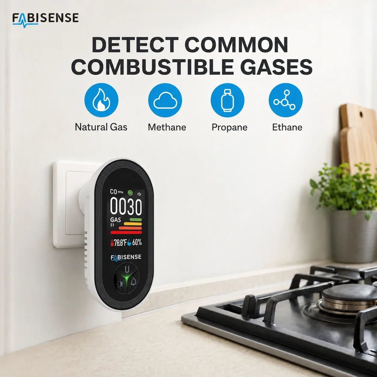 FABISENSE 4-in-1 Carbon Monoxide & Gas Detector - Plug-In CO Alarm with Gas Analyzer, Temperature & Humidity Display