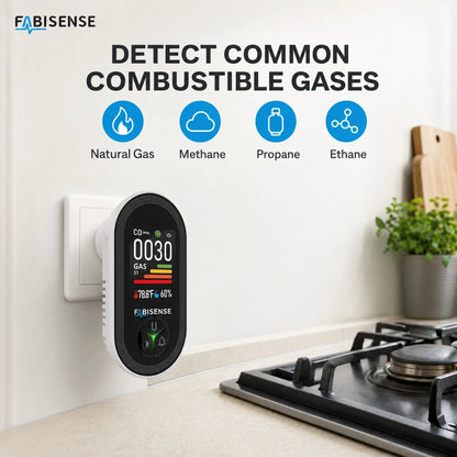 FABISENSE 4-in-1 Carbon Monoxide & Gas Detector - Plug-In CO Alarm with Gas Analyzer, Temperature & Humidity Display