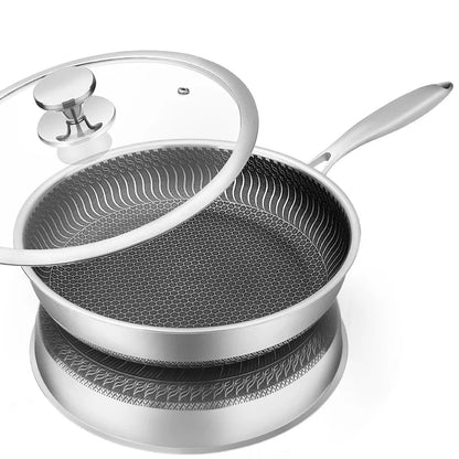 LMETJMA Stainless Steel Nonstick Frying Pan with Honeycomb Surface - Includes Lid, Compatible with Induction, Ceramic and Gas Cooktops - Model KC0480