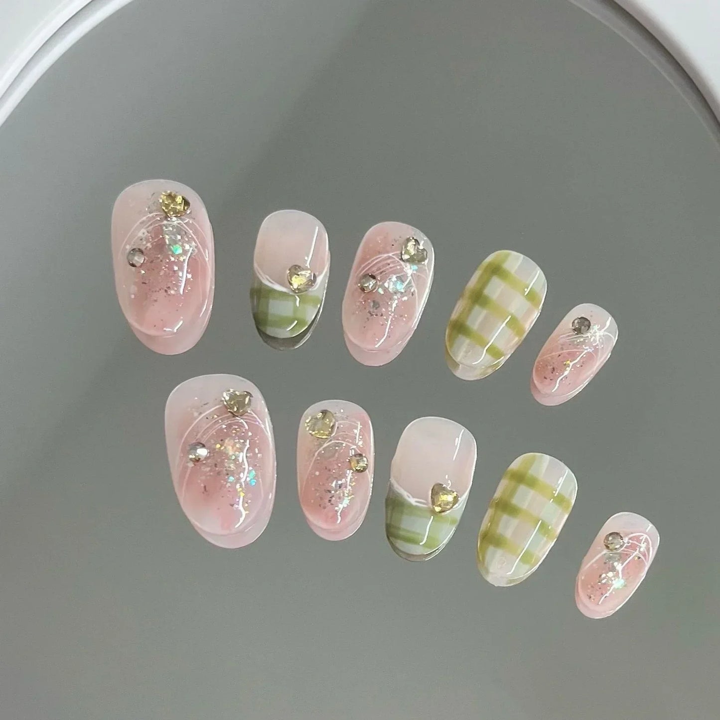 10 Pcs Handmade Short Square Press-On Nails – Full Cover Flower & Cat Eye Ballet False Nails Manicure Tips