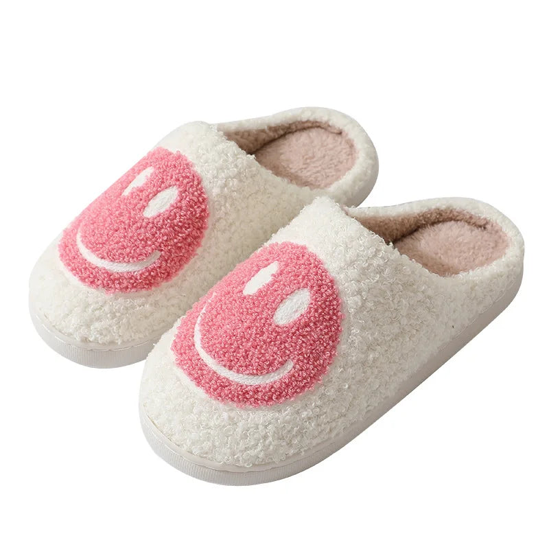 Smiling Face Furry Cotton Slippers for Couples - Women's Thick-Soled Cartoon Anti-Slip Indoor Slippers for Autumn/Winter