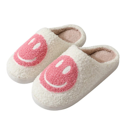 Smiling Face Furry Cotton Slippers for Couples - Women's Thick-Soled Cartoon Anti-Slip Indoor Slippers for Autumn/Winter