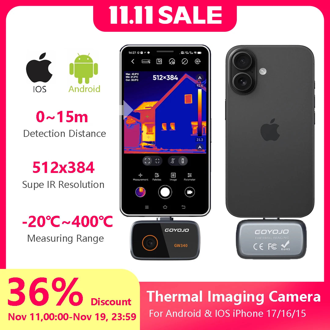 512×384 Thermal Camera Imager - 256×192 IR Resolution Phone Thermal Camera for iPhone 17/16/15 & Android Devices