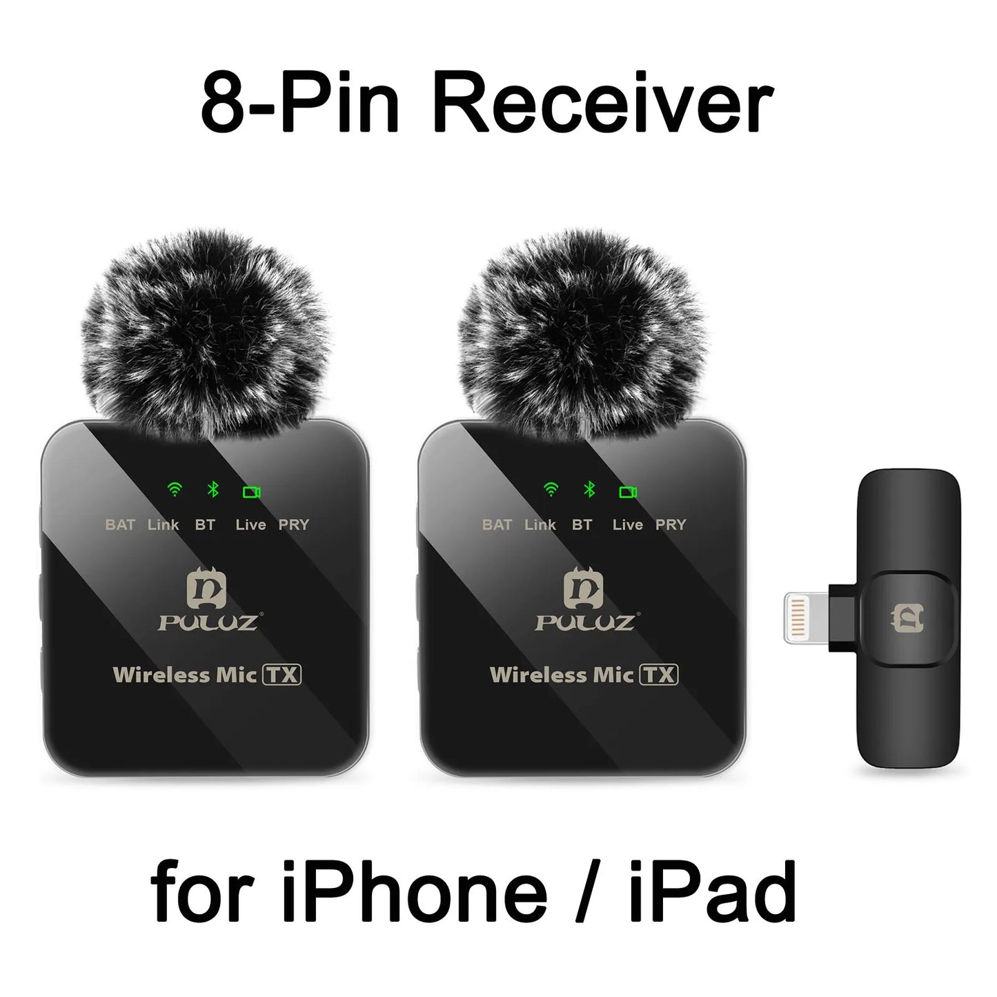PULUZ Wireless Lavalier Microphone – Dual Mics with 8-Pin & Type-C Receiver for iPhone, iPad, & Android