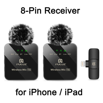PULUZ Wireless Lavalier Microphone – Dual Mics with 8-Pin & Type-C Receiver for iPhone, iPad, & Android