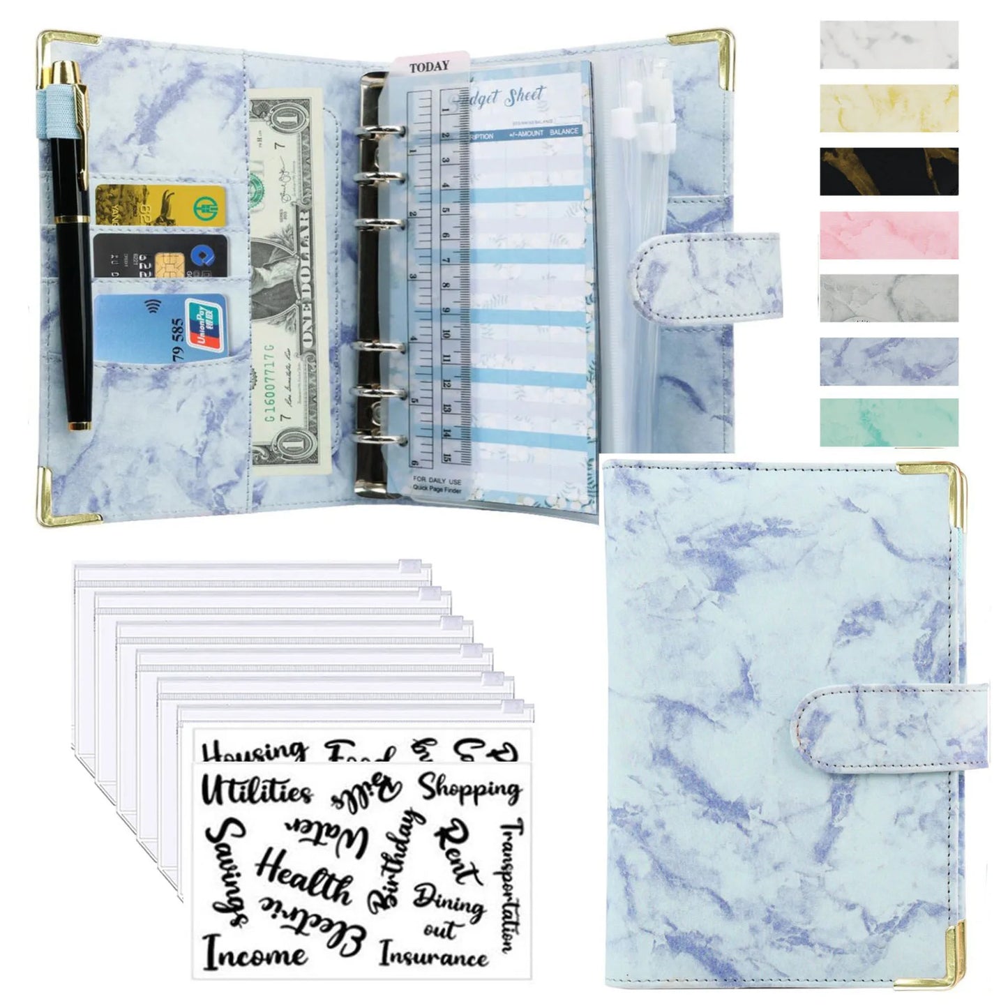 A6 Money Saving Organizer – PU Leather Budget Binder with Marble Notebook, 2023 Budget Planner, Envelope Office & School Supplies