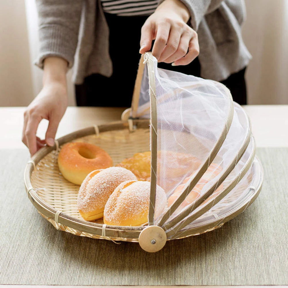Bamboo Woven Basket with Anti-Mosquito Net – Portable Outdoor Fruit & Vegetable Tray with Mesh Cover