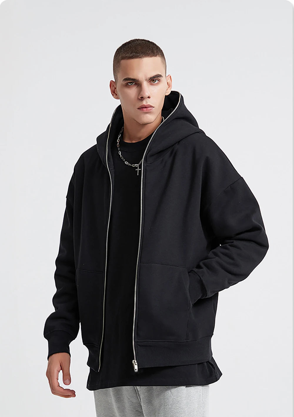 Men’s Harajuku Zip-Up Hoodie Jacket – Retro Black Oversized Long Sleeve Sweatshirt Coat