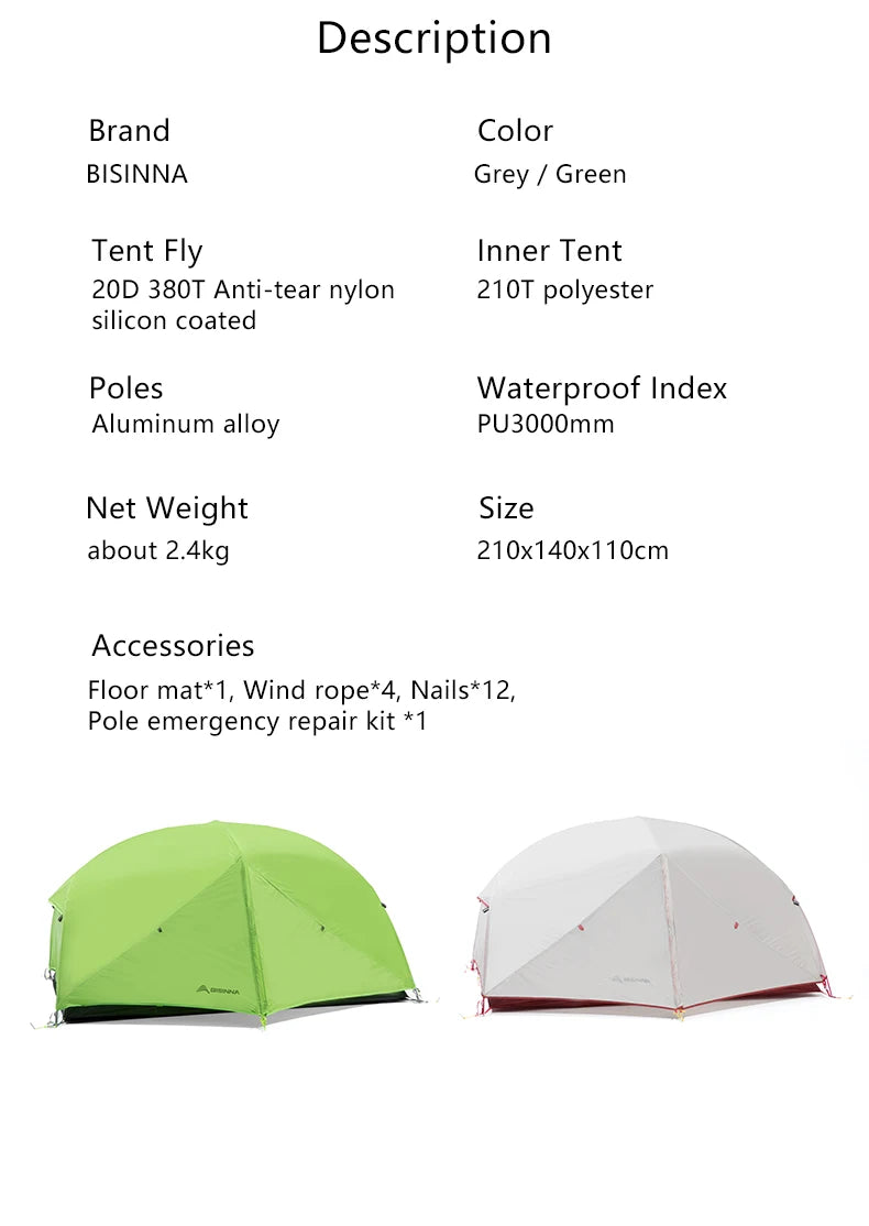 BISINNA 2-Person Ultralight Camping Tent – 20D 380T Nylon, Double Layer Waterproof Backpacking Tent for Hiking & Travel with Free Mat