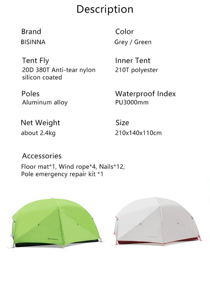 BISINNA 2-Person Ultralight Camping Tent – 20D 380T Nylon, Double Layer Waterproof Backpacking Tent for Hiking & Travel with Free Mat